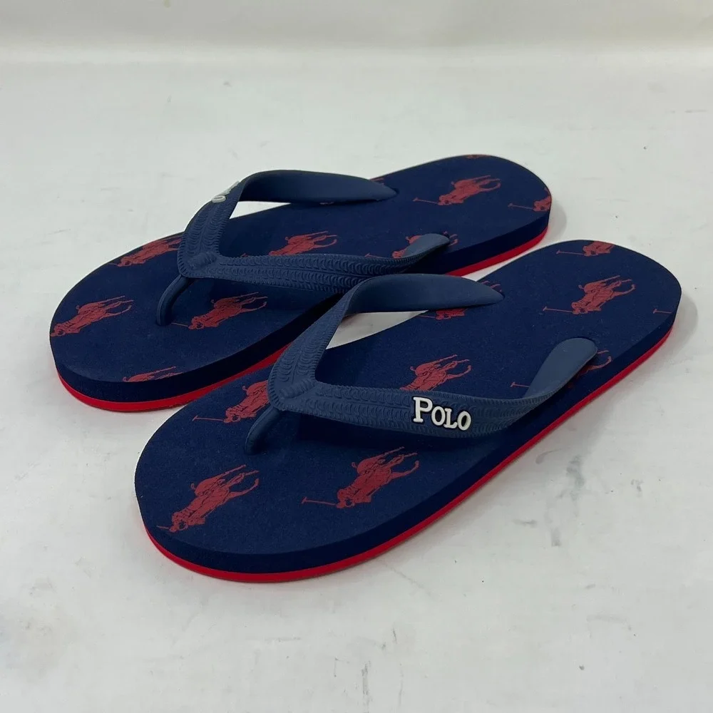 Polo Ralph Lauren Unisex Junior Flip Flop Navy/ Red Pony Logo US Size 4 VTG NEW‎